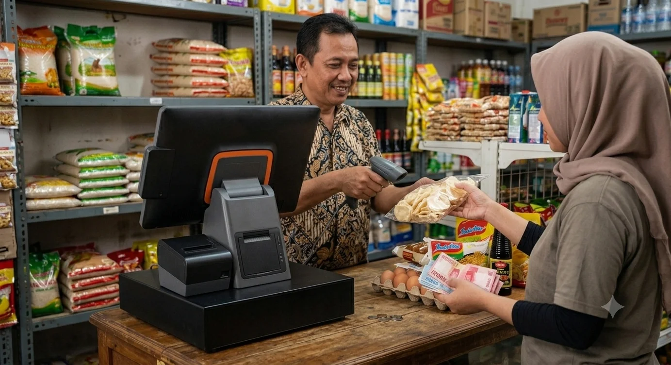 Pemilik toko menggunakan Kasir Saya untuk transaksi